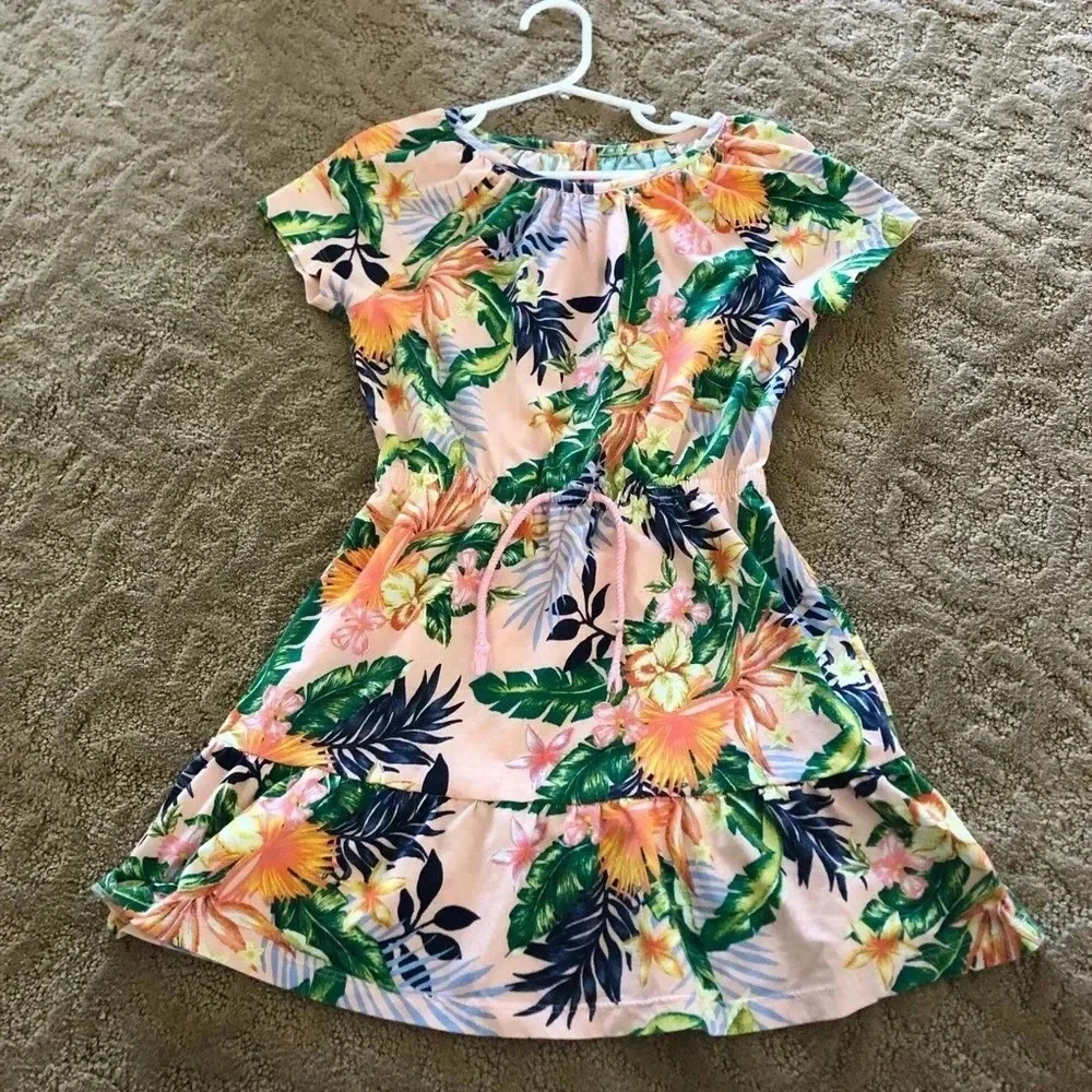 Gap kids tropical flower flounce dress small 6-7 peach pink floral short sleeve